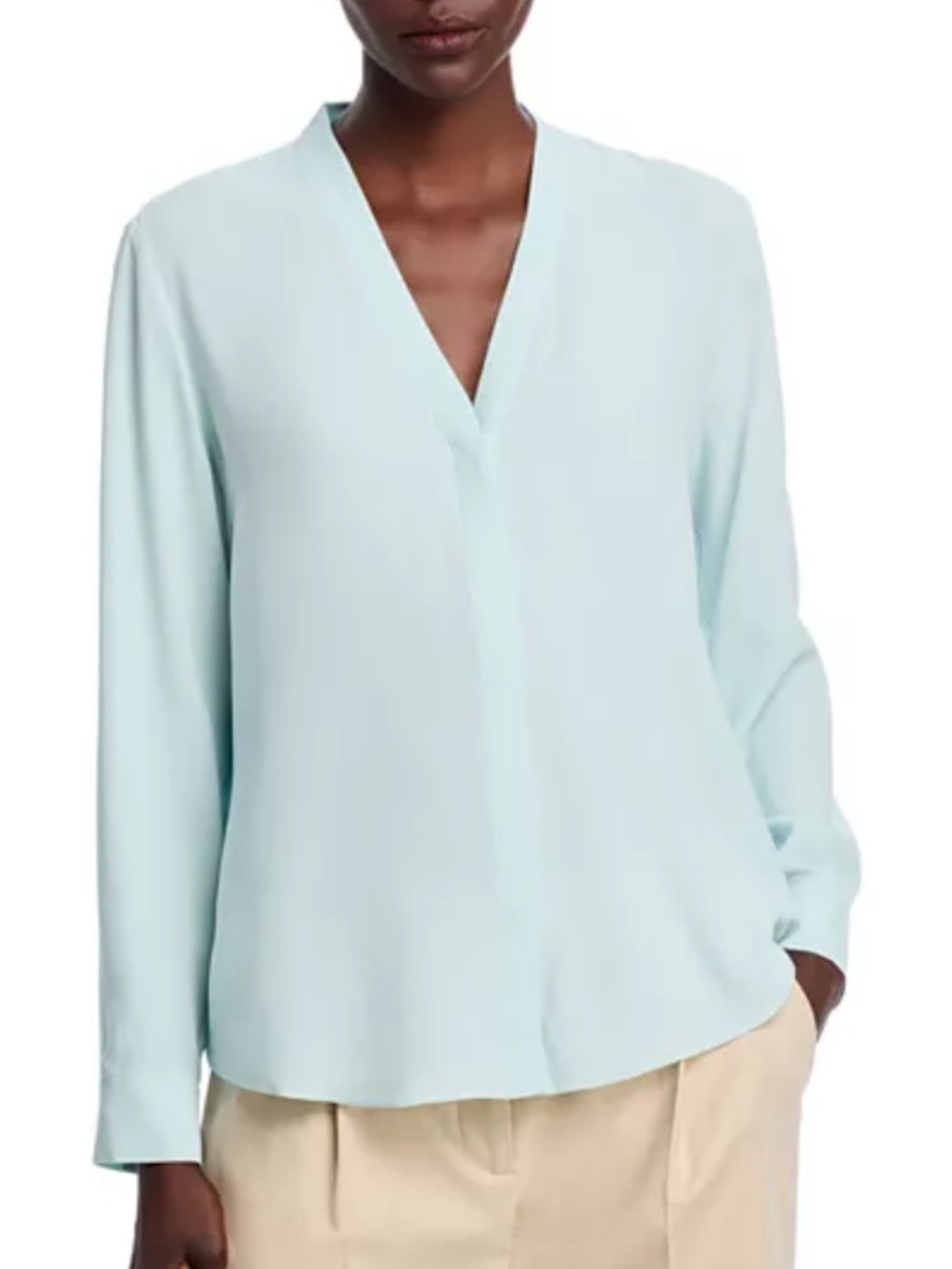 Eileen Fisher Women Water Mint Silk Crepe V Neck Long Sleeve Relaxed Shirt M